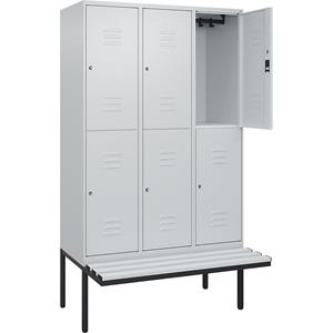 C+P Kledingkast Classic PLUS met twee verdiepingen en zitbank, 3 compartimenten, lichtgrijs, b = 1200 mm, cilinderslot, vrijdragend, kunststof