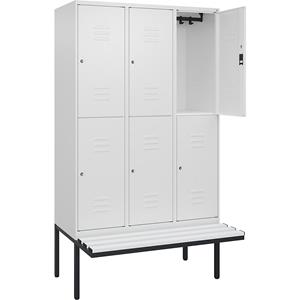 C+P Kledingkast Classic PLUS met twee verdiepingen en zitbank, 3 compartimenten, verkeerswit, b = 1200 mm, cilinderslot, vrijdragend, kunststof