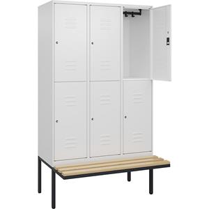 C+P Kledingkast Classic PLUS met twee verdiepingen en zitbank, 3 compartimenten, verkeerswit, b = 1200 mm, cilinderslot, vrijdragend, beuken-hardhout