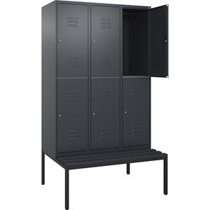 C+P Kledingkast Classic PLUS met twee verdiepingen en zitbank, 3 compartimenten, grijs, b = 1200 mm, cilinderslot, ondergebouwd, kunststof