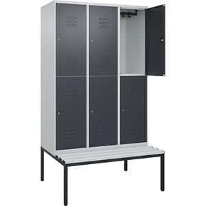 C+P Kledingkast Classic PLUS met twee verdiepingen en zitbank, 3 compartimenten, lichtgrijs / grijs, b = 1200 mm, cilinderslot, ondergebouwd, kunststof