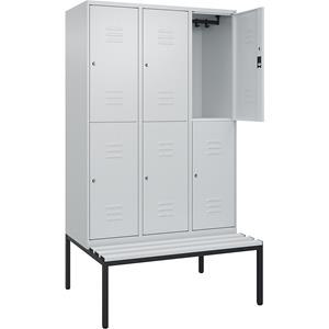 C+P Kledingkast Classic PLUS met twee verdiepingen en zitbank, 3 compartimenten, lichtgrijs, b = 1200 mm, cilinderslot, ondergebouwd, kunststof