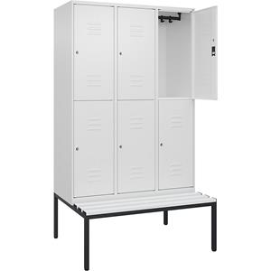 C+P Kledingkast Classic PLUS met twee verdiepingen en zitbank, 3 compartimenten, verkeerswit, b = 1200 mm, cilinderslot, ondergebouwd, kunststof