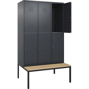C+P Kledingkast Classic PLUS met twee verdiepingen en zitbank, 3 compartimenten, grijs, b = 1200 mm, cilinderslot, ondergebouwd, beuken-hardhout