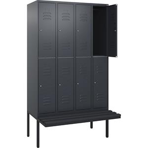 C+P Kledingkast Classic PLUS met twee verdiepingen en zitbank, 4 compartimenten, grijs, b = 1200 mm, cilinderslot, vrijdragend, kunststof