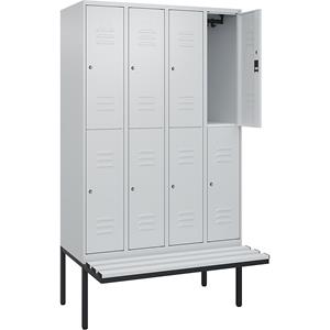 C+P Kledingkast Classic PLUS met twee verdiepingen en zitbank, 4 compartimenten, lichtgrijs, b = 1200 mm, cilinderslot, vrijdragend, kunststof