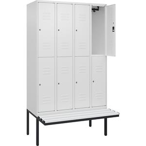 C+P Kledingkast Classic PLUS met twee verdiepingen en zitbank, 4 compartimenten, verkeerswit, b = 1200 mm, cilinderslot, vrijdragend, kunststof
