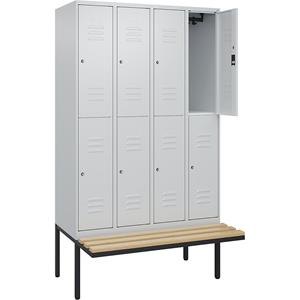 C+P Kledingkast Classic PLUS met twee verdiepingen en zitbank, 4 compartimenten, lichtgrijs, b = 1200 mm, cilinderslot, vrijdragend, beuken-hardhout