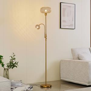 LINDBY vloerlamp Aliette, goud/amber, glas, leeslampje