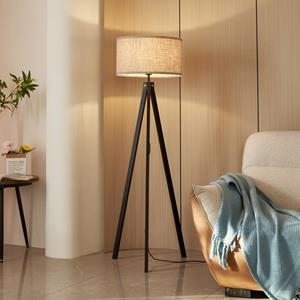 LINDBY vloerlamp Herry, zwart, hout, driepoot, 153 cm