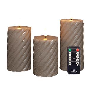 Anna's Collection Luxe LED kaarsen/stompkaarsen set - 3x st - taupe grijs - swirl - met afstandsbediening -