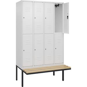 C+P Kledingkast Classic PLUS met twee verdiepingen en zitbank, 4 compartimenten, verkeerswit, b = 1200 mm, cilinderslot, vrijdragend, beuken-hardhout