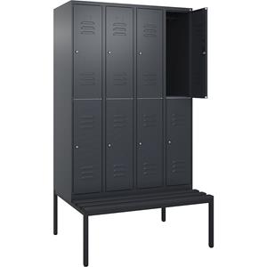 C+P Kledingkast Classic PLUS met twee verdiepingen en zitbank, 4 compartimenten, grijs, b = 1200 mm, cilinderslot, ondergebouwd, kunststof