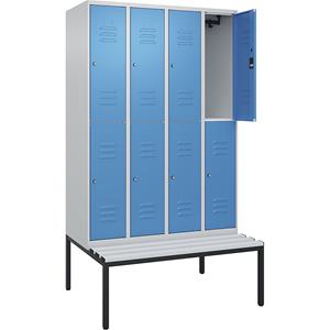 C+P Kledingkast Classic PLUS met twee verdiepingen en zitbank, 4 compartimenten, lichtgrijs / lichtblauw, b = 1200 mm, cilinderslot, ondergebouwd, kunststof
