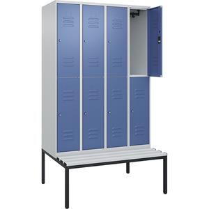 C+P Kledingkast Classic PLUS met twee verdiepingen en zitbank, 4 compartimenten, lichtgrijs / verblauw, b = 1200 mm, cilinderslot, ondergebouwd, kunststof