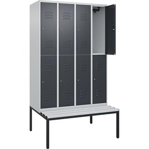 C+P Kledingkast Classic PLUS met twee verdiepingen en zitbank, 4 compartimenten, lichtgrijs / grijs, b = 1200 mm, cilinderslot, ondergebouwd, kunststof