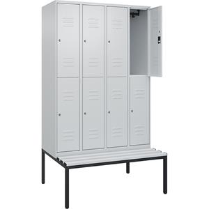 C+P Kledingkast Classic PLUS met twee verdiepingen en zitbank, 4 compartimenten, lichtgrijs, b = 1200 mm, cilinderslot, ondergebouwd, kunststof