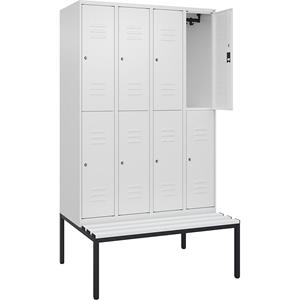 C+P Kledingkast Classic PLUS met twee verdiepingen en zitbank, 4 compartimenten, verkeerswit, b = 1200 mm, cilinderslot, ondergebouwd, kunststof