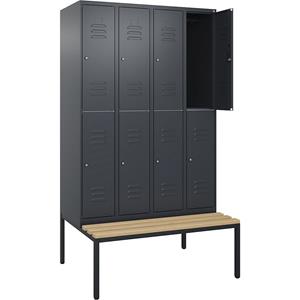 C+P Kledingkast Classic PLUS met twee verdiepingen en zitbank, 4 compartimenten, grijs, b = 1200 mm, cilinderslot, ondergebouwd, beuken-hardhout