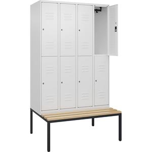 C+P Kledingkast Classic PLUS met twee verdiepingen en zitbank, 4 compartimenten, verkeerswit, b = 1200 mm, cilinderslot, ondergebouwd, beuken-hardhout