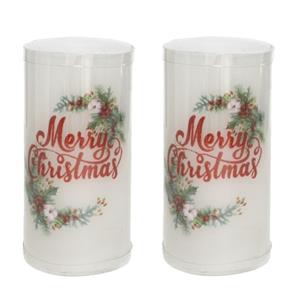 Gerimport LED kaarsen/stompkaarsen - 2x st - Merry Christmas - wit - H15 cm -