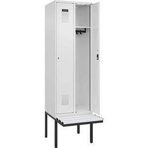 Lockerkast Evolo PLUS met zitbank, 2 compartimenten, wit, b = 600 mm, cilinderslot, met uitstekende zitbank, kunststof