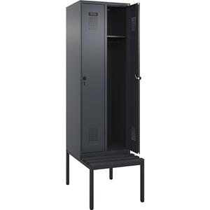 Lockerkast Evolo PLUS met zitbank, 2 compartimenten, grijs, b = 600 mm, veiligheidsdraaigrendel, met ondergebouwde zitbank, kunststof