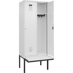 Lockerkast Evolo PLUS met zitbank, 2 compartimenten, wit, b = 800 mm, cilinderslot, met uitstekende zitbank, kunststof