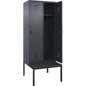 Lockerkast Evolo PLUS met zitbank, 2 compartimenten, grijs, b = 800 mm, veiligheidsdraaigrendel, met ondergebouwde zitbank, kunststof