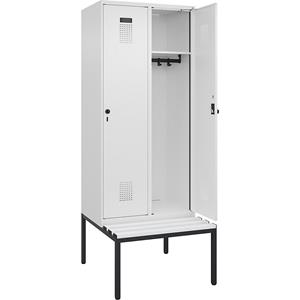 Lockerkast Evolo PLUS met zitbank, 2 compartimenten, wit, b = 800 mm, veiligheidsdraaigrendel, met ondergebouwde zitbank, kunststof