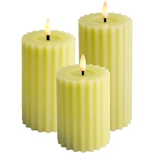 Lumineo Luxe LED kaarsen/stompkaarsen - set 3x - groen ribbel - D7,5 x H12,5 en H15 en H17 cm - timer -