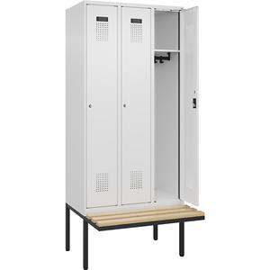 Lockerkast Evolo PLUS met zitbank, 3 compartimenten, wit, b = 900 mm, cilinderslot, met uitstekende zitbank, beukenhout