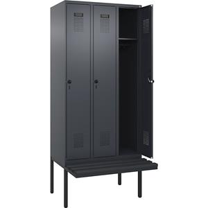 Lockerkast Evolo PLUS met zitbank, 3 compartimenten, grijs, b = 900 mm, veiligheidsdraaigrendel, met uitstekende zitbank, kunststof
