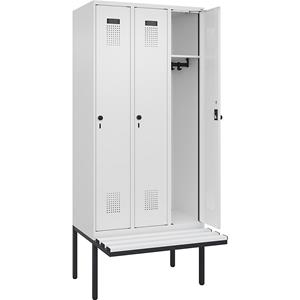 Lockerkast Evolo PLUS met zitbank, 3 compartimenten, wit, b = 900 mm, veiligheidsdraaigrendel, met uitstekende zitbank, kunststof