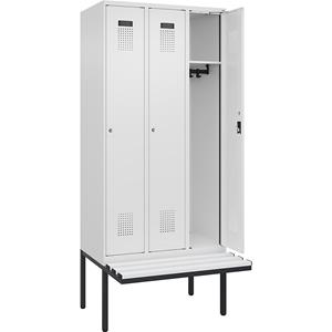 Lockerkast Evolo PLUS met zitbank, 3 compartimenten, wit, b = 900 mm, cilinderslot, met uitstekende zitbank, kunststof