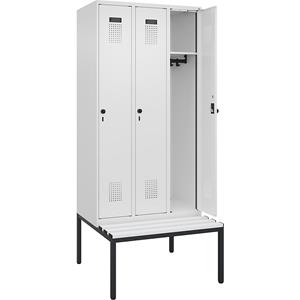 Lockerkast Evolo PLUS met zitbank, 3 compartimenten, wit, b = 900 mm, veiligheidsdraaigrendel, met ondergebouwde zitbank, kunststof