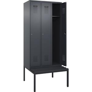 Lockerkast Evolo PLUS met zitbank, 3 compartimenten, grijs, b = 900 mm, cilinderslot, met ondergebouwde zitbank, kunststof