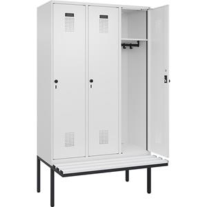 Lockerkast Evolo PLUS met zitbank, 3 compartimenten, wit, b = 1200 mm, veiligheidsdraaigrendel, met uitstekende zitbank, kunststof