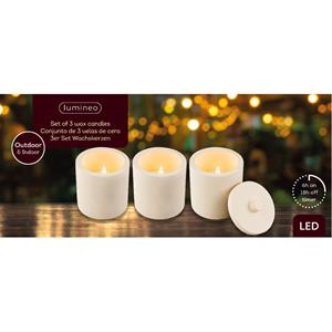 Lumineo LED kaarsen - set 3x st - beton wit - met deksel - D8 x H10 cm - voor buiten -