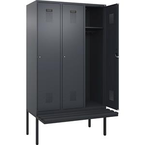 Lockerkast Evolo PLUS met zitbank, 3 compartimenten, grijs, b = 1200 mm, cilinderslot, met uitstekende zitbank, kunststof