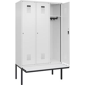 Lockerkast Evolo PLUS met zitbank, 3 compartimenten, wit, b = 1200 mm, cilinderslot, met uitstekende zitbank, kunststof