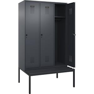 Lockerkast Evolo PLUS met zitbank, 3 compartimenten, grijs, b = 1200 mm, veiligheidsdraaigrendel, met ondergebouwde zitbank, kunststof