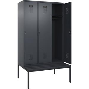 Lockerkast Evolo PLUS met zitbank, 3 compartimenten, grijs, b = 1200 mm, cilinderslot, met ondergebouwde zitbank, kunststof
