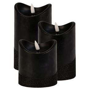 Merkloos LED stompkaarsen - set 3x st - zwart - warm wit licht - wax - H10, H12,5 en H15 cm -