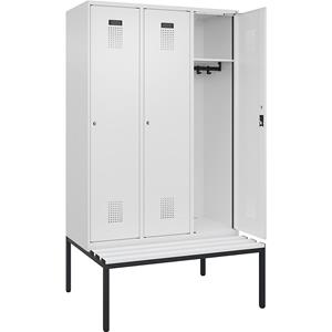 Lockerkast Evolo PLUS met zitbank, 3 compartimenten, wit, b = 1200 mm, cilinderslot, met ondergebouwde zitbank, kunststof