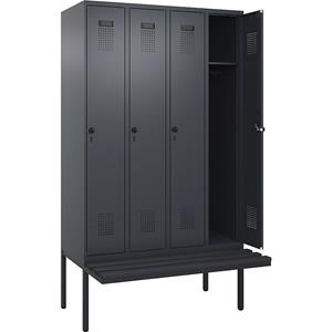 Lockerkast Evolo PLUS met zitbank, 4 compartimenten, grijs, b = 1200 mm, veiligheidsdraaigrendel, met uitstekende zitbank, kunststof