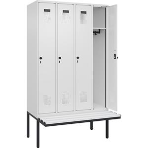 Lockerkast Evolo PLUS met zitbank, 4 compartimenten, wit, b = 1200 mm, veiligheidsdraaigrendel, met uitstekende zitbank, kunststof