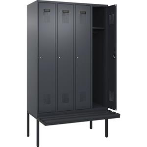 Lockerkast Evolo PLUS met zitbank, 4 compartimenten, grijs, b = 1200 mm, cilinderslot, met uitstekende zitbank, kunststof
