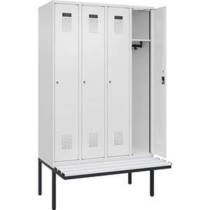 Lockerkast Evolo PLUS met zitbank, 4 compartimenten, wit, b = 1200 mm, cilinderslot, met uitstekende zitbank, kunststof