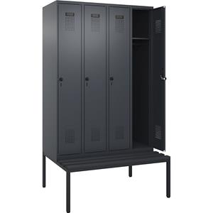 Lockerkast Evolo PLUS met zitbank, 4 compartimenten, grijs, b = 1200 mm, veiligheidsdraaigrendel, met ondergebouwde zitbank, kunststof